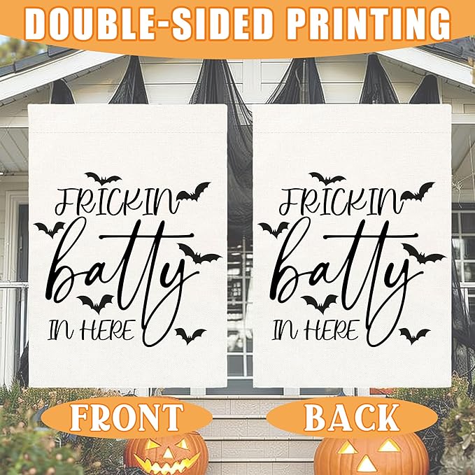 Frickin Batty in Here Halloween Garden Flag for Outside, 12x18 Inch Double Sided Bats Yard Flag, Farmhouse Small Yard Flags for Outdoor Decorations, Holiday Decor Gifts-A14