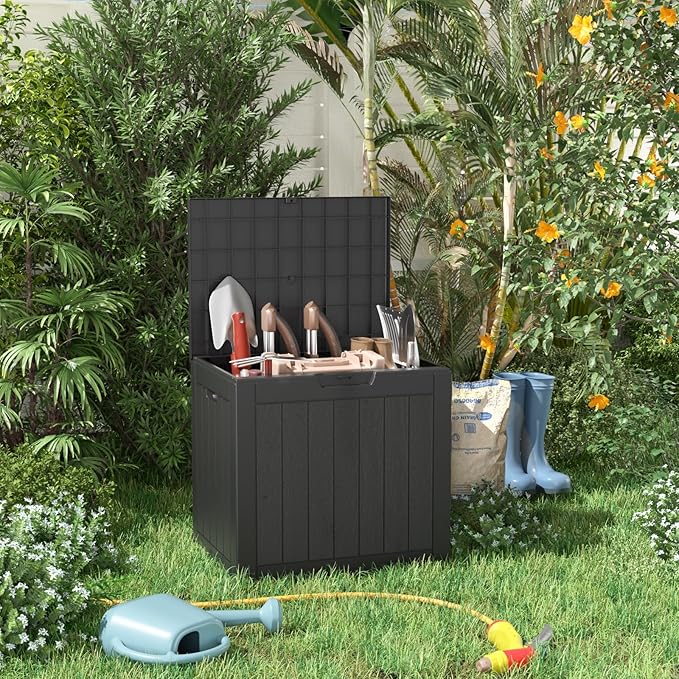 ROJIK Outdoor Storage Housing Deck Box - Waterproof Patio Furniture, Garden Tools, Cushions, Pool Accessories Storage Bench with Lockable Lid and Side Handles (Black, 30 Gal)