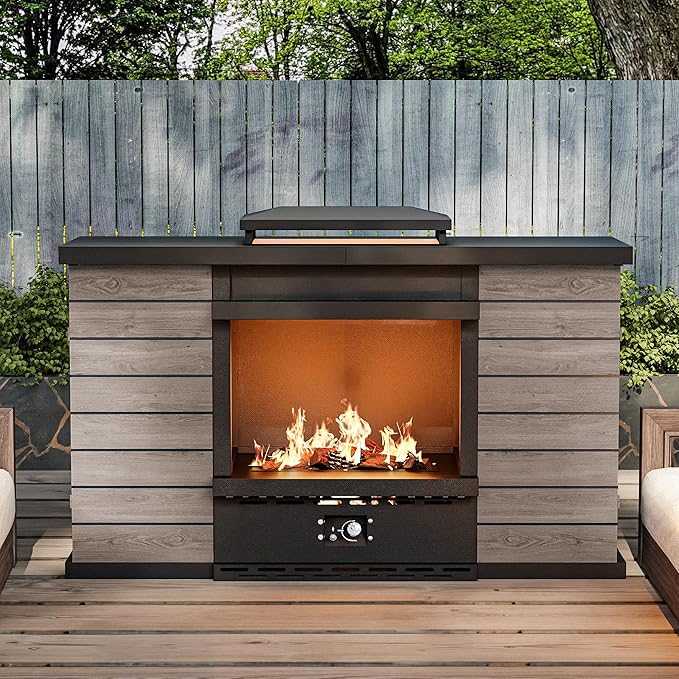 Outdoor Propane Fireplace, 50,000 BTU Gas Fire Pit with Ceramic Logs, Rain Cover, 63 Inch Steel Metal Smokeless Fireplace for Patio, Deck, CSA Certified (63 x 41 Inch)