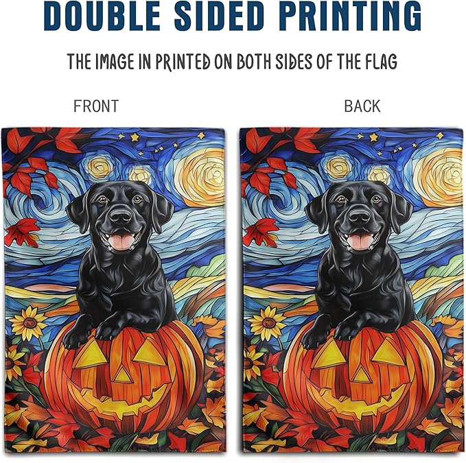 Stained Glass Black Lab Fall Garden Flag Halloween Pumpkin Yard Signs Autumn Sunflower Thanksgiving Banner for Outside 12x18 Double Sided Small Labrador Dog Outdoor Decorative