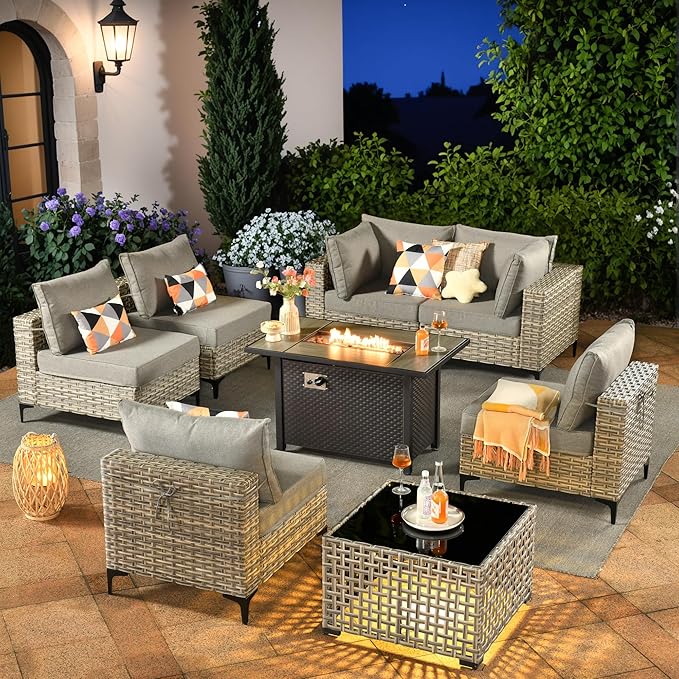 Outdoor Sectional Patio Furniture Set with Fire Pit Table and Glowing Table,8 Pieces Wicker Conversation Sets L Shaped Couch Out Door Sofa Set Outside Furniture for Garden Deck Yard,Dark Grey