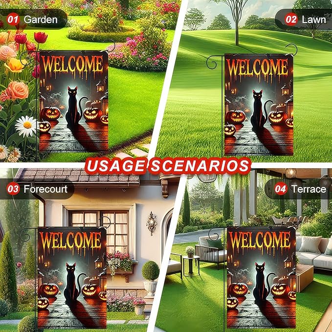 Garden Flags 12x18 Inch Halloween Black Cat Welcome Banner Pumpkin Lantern Spooky Night Yard Decoration for Porch Outdoor Lawn Garden Party Fall Decor Sign