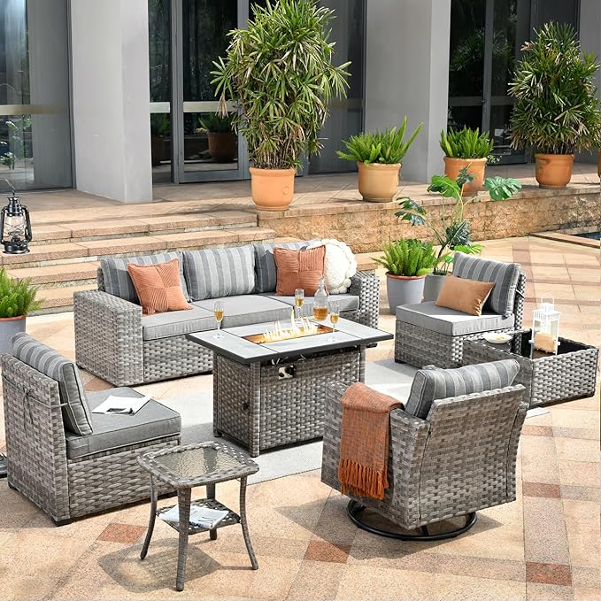 HOOOWOOO 9 Piece Modular Patio Outdoor Sectional Furniture Set with Large Propane Fire Pit Table,Wicker Conversation Sofa Set with Swivel Chairs,Outside Couch Set(Grey Stripes)