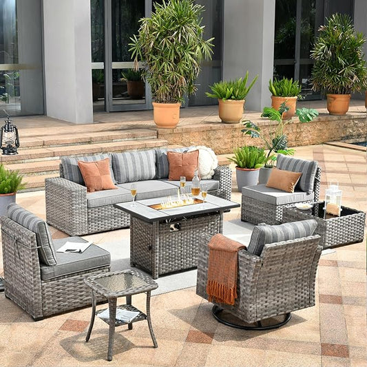 HOOOWOOO 9 Piece Modular Patio Outdoor Sectional Furniture Set with Large Propane Fire Pit Table,Wicker Conversation Sofa Set with Swivel Chairs,Outside Couch Set(Grey Stripes)