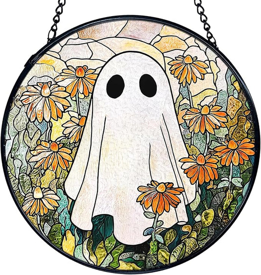 TNUW Halloween Ghost Stained Glass Window Hanging, Ghost Flower Sun Catchers Indoor Window Glass Round Wall Art Decor, Halloween Floral Wall Hanging Decorations, 7.9＂x7.9＂