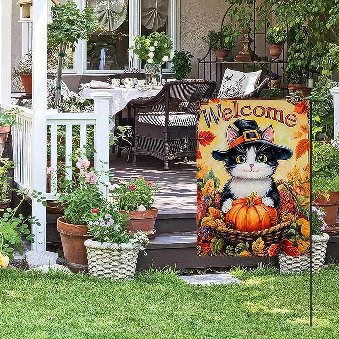 Thanksgiving Fall Garden Flag 12x18 Inch Welcome Cat with Pumpkin Outdoor Flag Double Sided Autumn Kitten Yard Banner with Witch Hat Basket Harvest Decor for Porch Lawn
