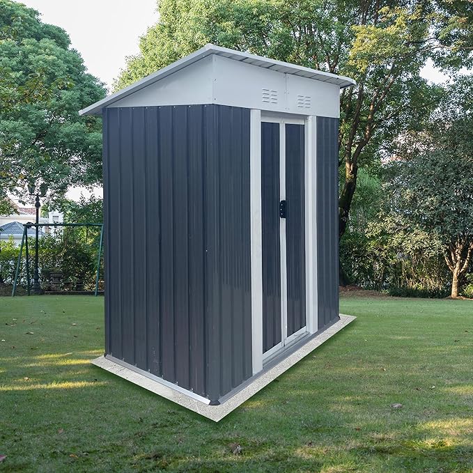 5x3FT Storage Shed with Sliding Lockable Door,Metal Outdoor Tool House W/Sloped Roof,All Weather Waterproof,for Backyard,Patio,Lawn,Garden,Grey