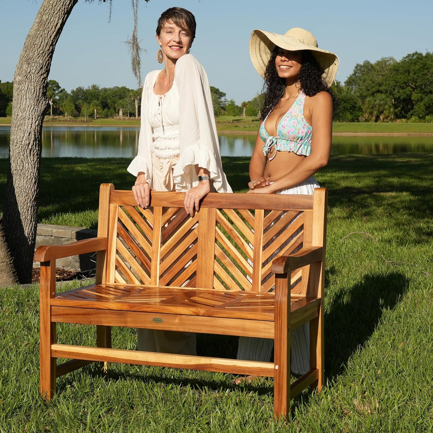 EcoDecors Eleganto 41 inch Outdoor Bench Teak Wood Garden Bench for Patio with Armrests and Backrest for Indoor Use and Outdoor, in Natural Color