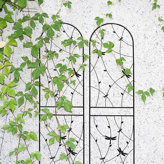 4 Pack Metal Garden Trellis 86.7" Tall Outdoor Climbing Plant Support for Roses, Flowers, Rustproof Durable Black Galvanized Tube, Lawn Garden Fence Decor Screen (4, Black dragonflies-86.7" H)