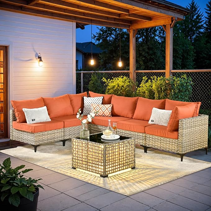 HOOOWOOO Outdoor Patio Furniture Set,7 Pieces Wicker Out Door Sectional Furniture L Shaped Couch,Outside Patio Conversation Sets with LED Table,Orange Red