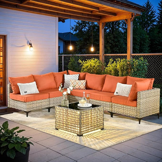 HOOOWOOO Outdoor Patio Furniture Set,7 Pieces Wicker Out Door Sectional Furniture L Shaped Couch,Outside Patio Conversation Sets with LED Table,Orange Red