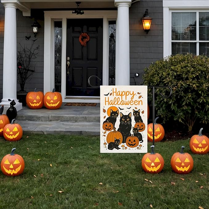 Happy Halloween Garden Flag for Outside, 12x18 Inch Double Sided Halloween Black Cat Pumpkin Yard Flag, Farmhouse Small Yard Flags for Outdoor Decorations, Holiday Decor Gifts-A08