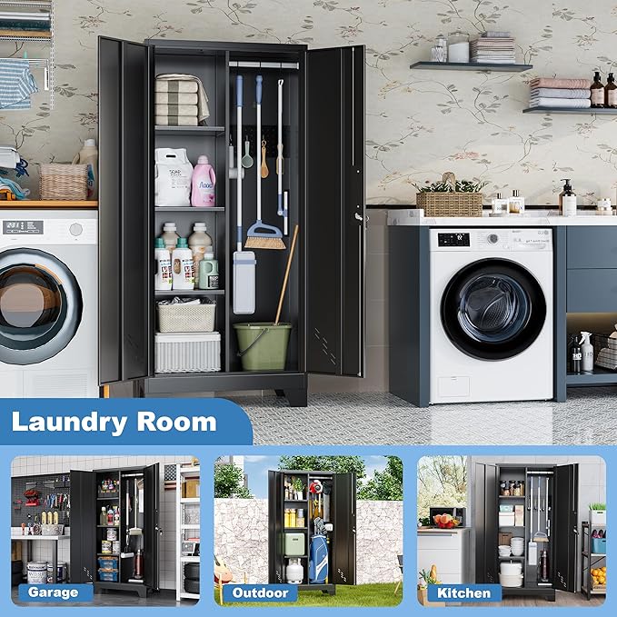 61" Outdoor Storage Cabinet, Heavy-Duty Metal Lockable Storage Cabinets with Ventilated Doors & Pegboard Hooks, Linen Storage Cabinet for Garage, Bathroom & Kitchen, Easy Assembly