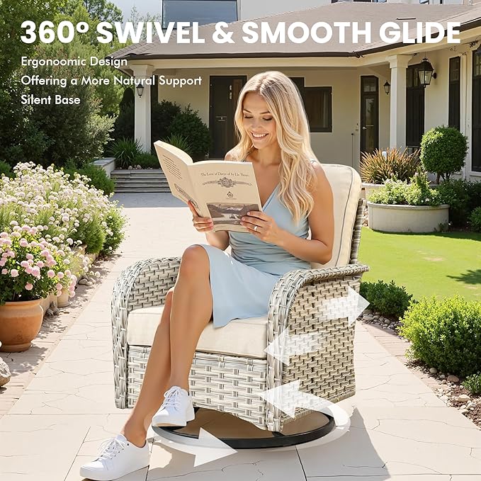 Outdoor Swivel Rocker Patio Chairs with Side Table,Wicker Swivel Rocking Chair Set of 2,3PCS High Back Wicker Patio Furniture Set Glider Chairs for Porch, Balcony, Deck,Yard,Beige