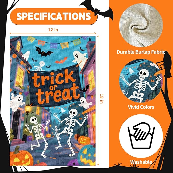 Halloween Garden Flag 12x18 Inch Double Sided, Outdoor Burlap Yard Decor for Porch, Patio, Holiday Decorations, Purple