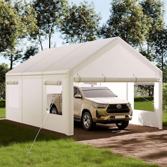 Shintenchi Carport 12' x 20' Heavy Duty Portable Garage, Car Port Canopy with Side-Opening Removable Door & Roll-Up Windows, Car Canopy for Truck,Car,Boat,Motorcycle,White