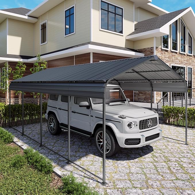 12x20x8.7 FT Carport with Galvanized Steel Roof, Heavy Duty Metal Carport Canopy, Car Shelter Garage for Pickup, Boat, Car and Tractors, Grey