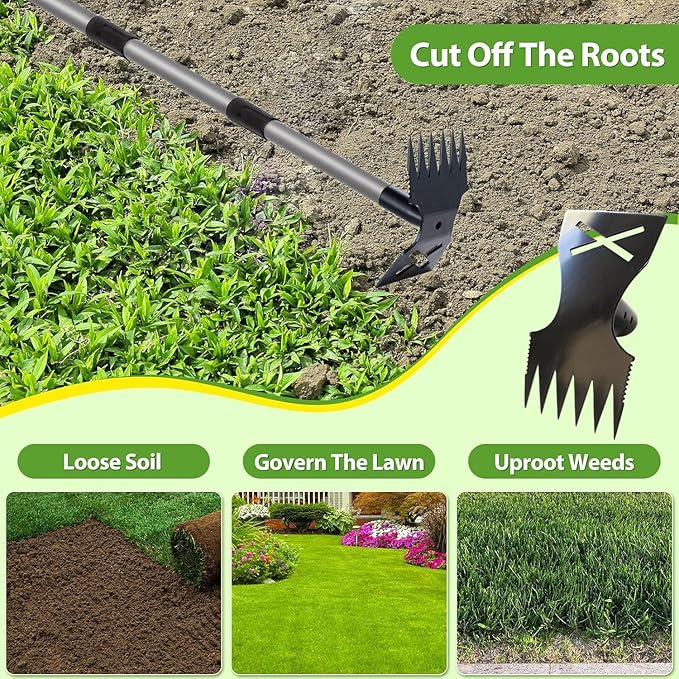 Weed Puller Tool with Long Handle, 60'' Weed Remover Weeding Tool, 2 in 1 Hand Weed Rake and Garden Hoe for Gardening, Uprooting Weeding Tool for Yard, Lawn, Patio, Garden