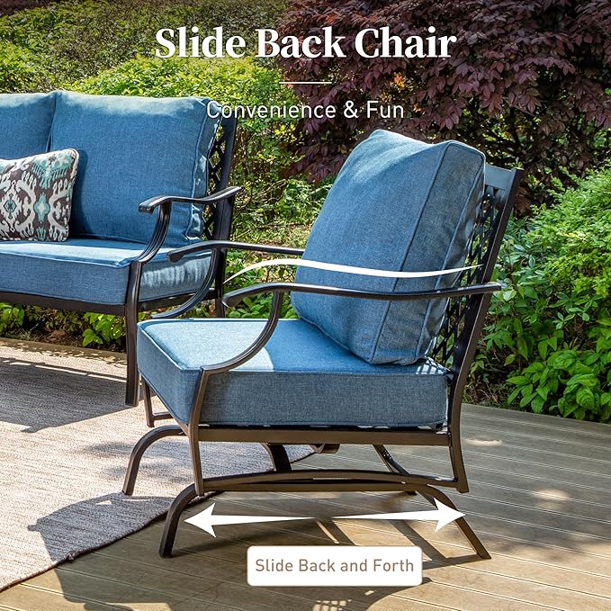 7 Piece Metal Outdoor Patio Furniture Sets, Patio Conversation Sets 1 3-seater Sofa, 2 Fixed Chair, 2 Rocking Chair, 2 Ottomans with 5.75" Thick Cushion, Black Backyard Furniture, Navy