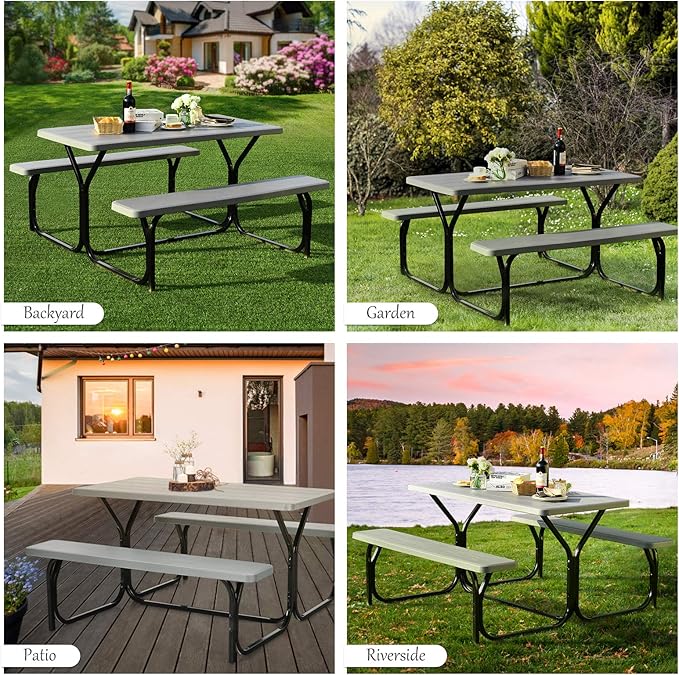 Giantex Picnic Table Bench Set Outdoor Camping All Weather Metal Base Wood-Like Texture Backyard Poolside Dining Party Garden Patio Lawn Deck Furniture Large Camping Picnic Tables for Adult (Gray)