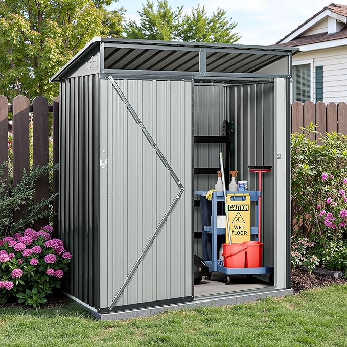 5x3 FT Grey Outdoor Metal Storage Shedfor Tools, Lawnmower, Bikes & Outdoor Gear, Lockable, Waterproof & UV-Resistant Heavy-Duty Steel 3x5 Shed for Backyard, Patio & Lawn, Easy Assembly