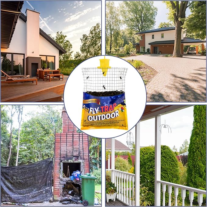 Disposable Fly Traps 4 Pack Big Bags Outdoor, Flies Catcher Traps with Natural Pre-Bait Refill Repellent, Stable Horse Ranch Trapper Outdoor Hanging Fly Killer Helps Control Flies