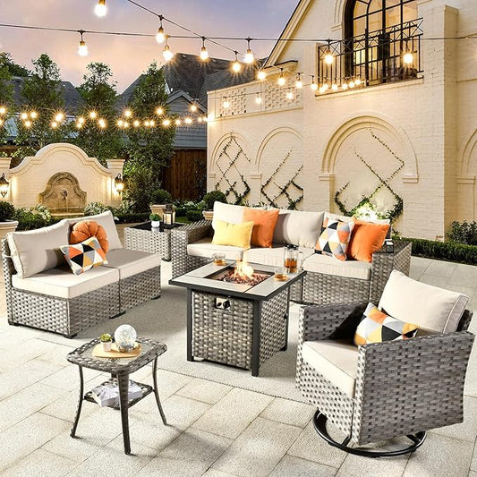 HOOOWOOO 9 Piece Modular Patio Outdoor Sectional Furniture Set with Gas Propane Fire Pit Table,Wicker Conversation Sofa Set with Swivel Chairs,Outside Couch Set(Beige)
