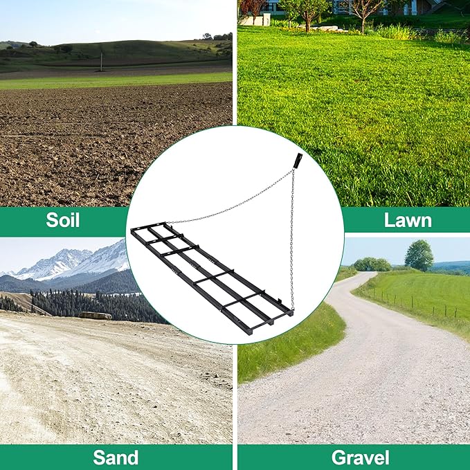 8 FT Drag Harrow Driveway Grader, Heavy Duty Power Rake w/ 6 FT Chain, Tow Behind Lawn Rake for ATV, UTV, Tractor, Mower, Land Leveler for Gravel, Sand, Soil, Hay