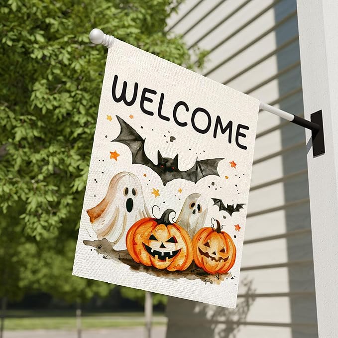 Welcome Halloween Garden Flag for Outside, 12x18 Inch Double Sided Halloween Pumpkin Ghost Bats Yard Flag, Farmhouse Small Yard Flags for Outdoor Decorations, Holiday Decor Gifts-A01