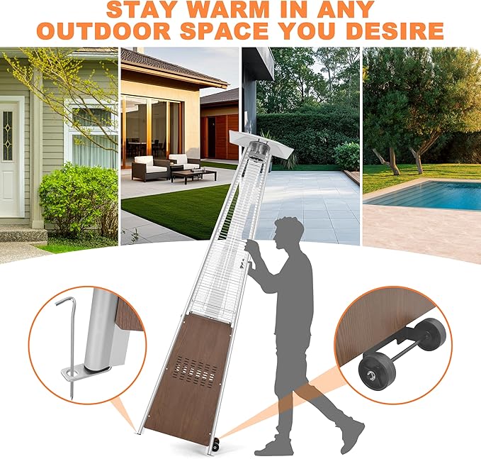 Nuu Garden 48,000 BTU Pyramid Propane Heater Outdoor Patio Heaters with Wheels, Patio Heater with Glass Tube Deck Porch for Outdoor Use Camping Backyard, Stainless Steel Burner, Wood-Grain Finish