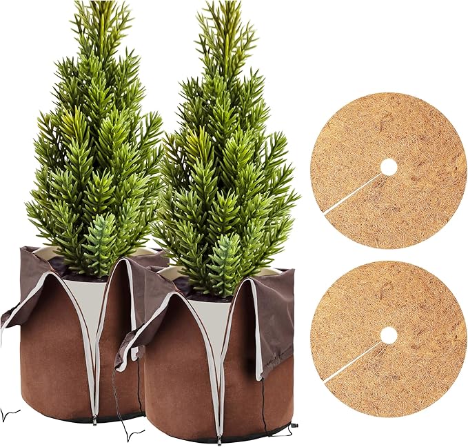 2Pcs Plant Pot Protection Cover for Winter - Flower Pot Protection Bag, Thermal Pot Protector with Coir mat for Outdoor Potted Plants Flowers Shrubs Trees Keep Warm (Dia 17.7 inch x 25.6 inch H)