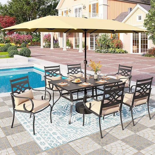 PHI VILLA Outdoor Patio Dining Set for 6 with 15ft Umbrella(Beige),Includes 6 Outdoor Chairs with Cushions and a Metal Rectangular Table, Perfect for Garden, Lawn, or Deck