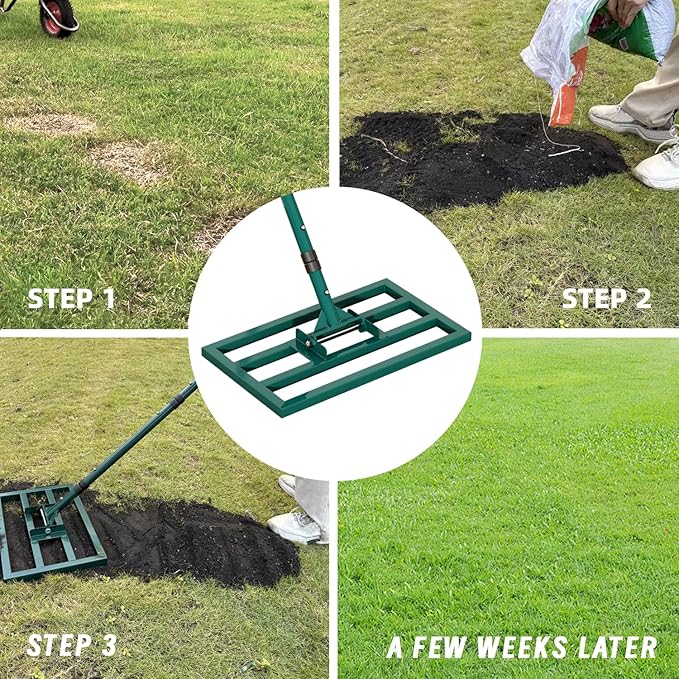 Lawn Leveling Rake Stainless Steel Leveling Rake 17”x10” Reinforced Welds with 64” Adjustable Long Handle Leveler Tool for Soil, Ground,Backyard Dressing,Golf Field,Garden Tools Grass Seed