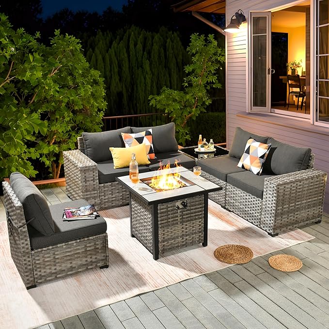 ovios 7 Pieces Patio Furniture Set, Outdoor Wicker Sectional Sofa with 30 Inch Fire Pit Table Comfy Cushions, Modern Modular Deep Seat Rattan Couch Conversation Set, Black