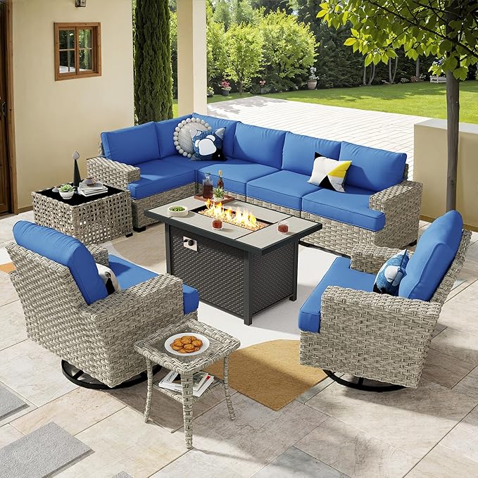 HOOOWOOO Outdoor Sectional Patio Furniture Set with Fire Pit Table,10 Pieces Wicker Conversation Sets L Shaped Couch,Extra Deep Out Door Sofa Outside Furniture with Swivel Chairs,Denim Blue