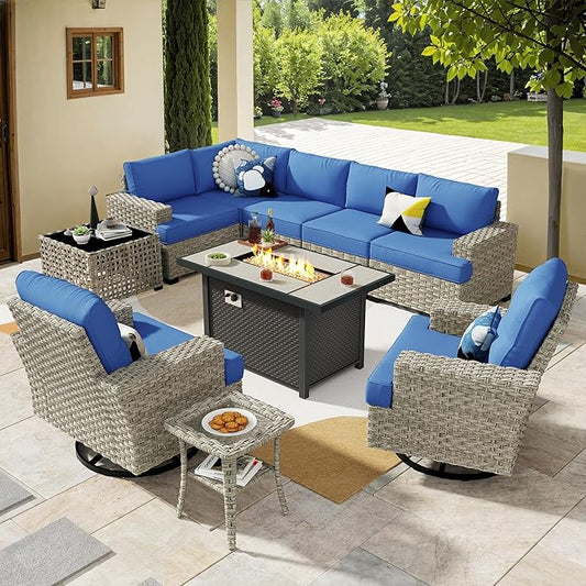 HOOOWOOO Outdoor Sectional Patio Furniture Set with Fire Pit Table,10 Pieces Wicker Conversation Sets L Shaped Couch,Extra Deep Out Door Sofa Outside Furniture with Swivel Chairs,Denim Blue