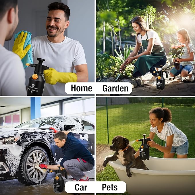 Premium 2L Handheld Pump Sprayer Adjustable Nozzle Water and Foam Continuous Spray Bottle for Car Washing Gardening Household Cleaning – Heavy Duty Chemical Resistant