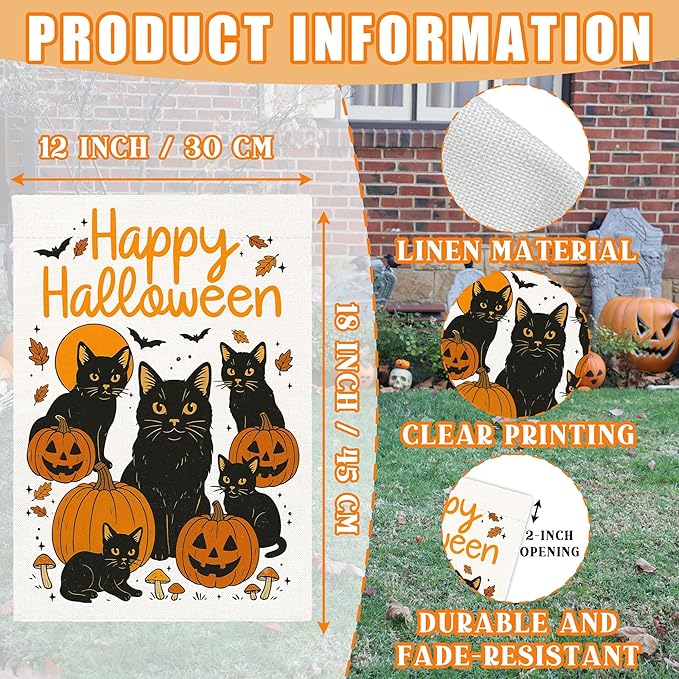 Happy Halloween Garden Flag for Outside, 12x18 Inch Double Sided Halloween Black Cat Pumpkin Yard Flag, Farmhouse Small Yard Flags for Outdoor Decorations, Holiday Decor Gifts-A08