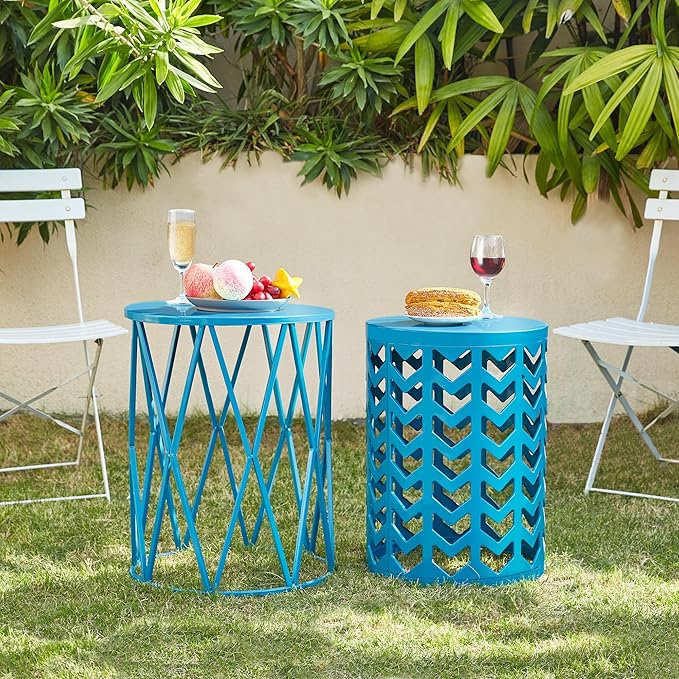 HFHOME Set of 3 Metal Side End Tables Nightstand, Nesting Round Coffee Table for Indoor Outdoor, Heavy Duty Metal Plant Stand Living Room Garden Stool - Blue