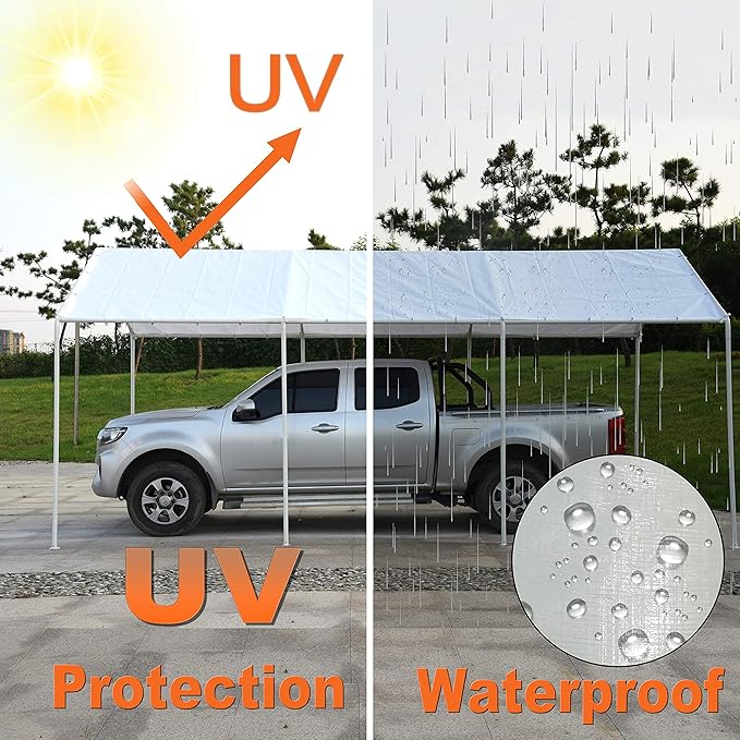 10 x 20 Ft Carport Replacement Canopy Cover Garage Top Tent Shelter Tarp with Free 44 Ball Bungee Cords,White(Only Cover, Frame Not Include) (10x20 White)