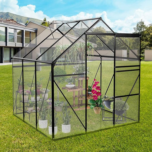 6x6 FT Polycarbonate Walk-in Greenhouse, All Season Garden Green Houses, Aluminum Hot House w/ Raised Base, Adjustable Vent Roof & Sliding Door for Outdoor Backyard, Black