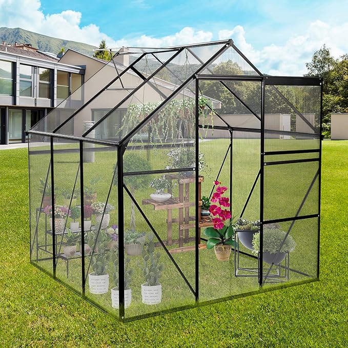 6x6 FT Polycarbonate Walk-in Greenhouse,All Season Garden Green Houses,Aluminum Hot House w/ Raised Base,Adjustable Vent Roof & Sliding Door for Outdoor Backyard,Easy to Install,Black