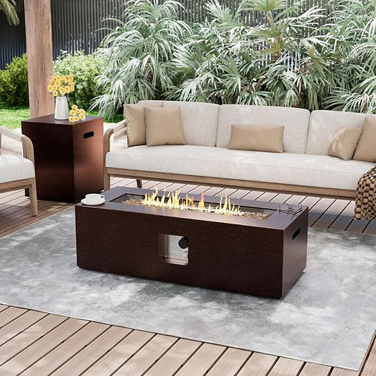 UPHA 42-inch Outdoor Propane Gas Fire Pit Table 50000 BTU Iron Rectangle Firepit for Outside Patio with Tank Hidden Table, Removable Lid, Gold Glass Rocks, Rain Cover, Brown