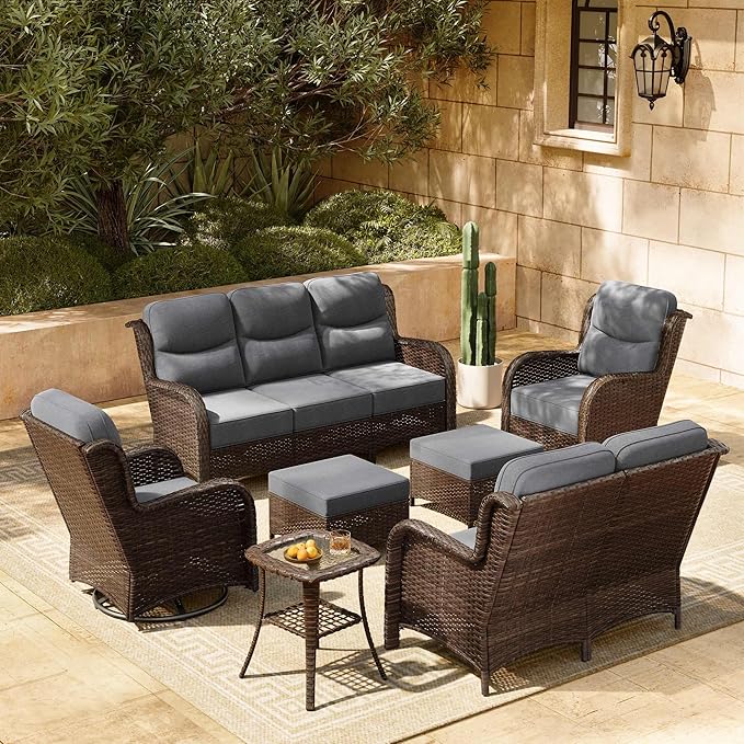 HILLGA Luxury Patio Furniture Set with 6-inch Thick Cushion, Outdoor Couch, Loveseat and High Back Swivel Rocker Patio Chairs, 7PCS Wicker Conversation Set for Deck Yard and Poolside, Dark Grey (V2)