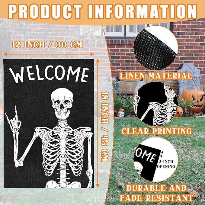 Welcome Halloween Garden Flag for Outside, 12x18 Inch Double Sided Halloween Scary Skeleton Yard Flag, Farmhouse Small Yard Flags for Outdoor Decorations, Holiday Decor Gifts-A07