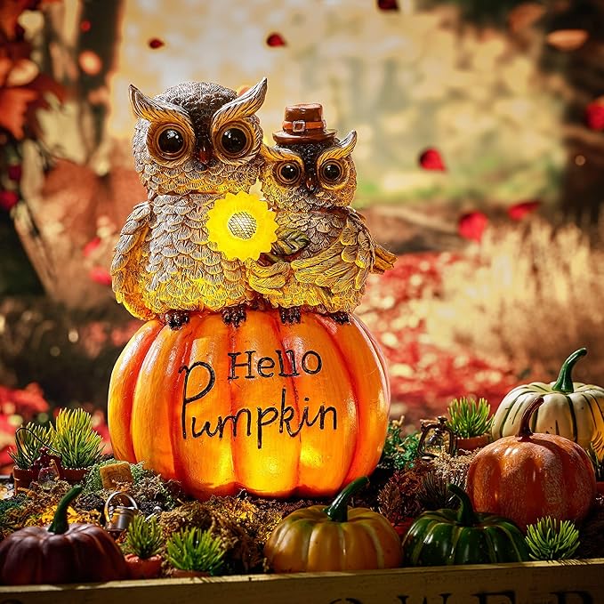TERESA'S COLLECTIONS Fall Decor, Fall Owl Decor, Owl Perch on Pumpkin with Solar Light, Outdoor Fall Decor Waterproof Resin, Fall Gifts Outdoor/Indoor, 7.1"