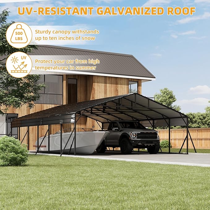 20' x 30' Heavy Duty Metal Carport with Galvanized Steel Roof, Tall Metal Carport Kits Garage for Tractors, Trucks, Boats, Cars, Heavy Duty MetalRoof Carports with Enhanced Base