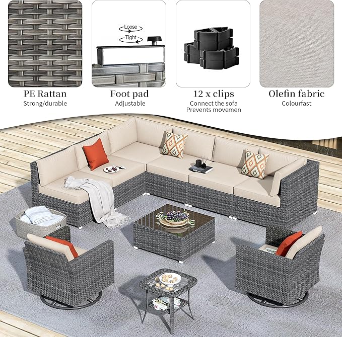 HOOOWOOO 10 Piece Patio Sectional Furniture Set with Swivel Rocking Chairs,Modern Wicker Outdoor Conversation Sofa Sets,Weather Resistant Modular L Shaped Outside Couch Set(Beige)