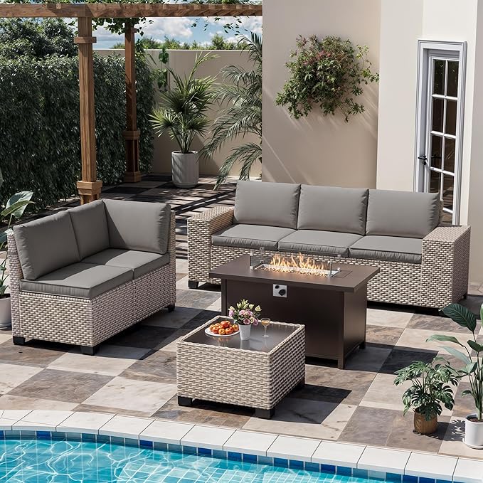 7 Pieces Patio Furniture Set with Propane Fire Pit Table, Outdoor Sectional Wicker Sofa with Cushions and Coffee Table, High Back Rattan Patio Conversation Sets, Grey