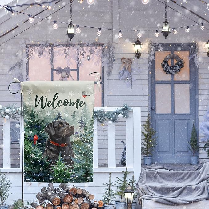 Welcome Winter Garden Flags Black Lab Garden Flag Cardinal Birds on Snowy Pine Tree Flag Labrador Dog Yard Flags for Outside 12x18 Double Sided Christmas Decorative Lawn Flags